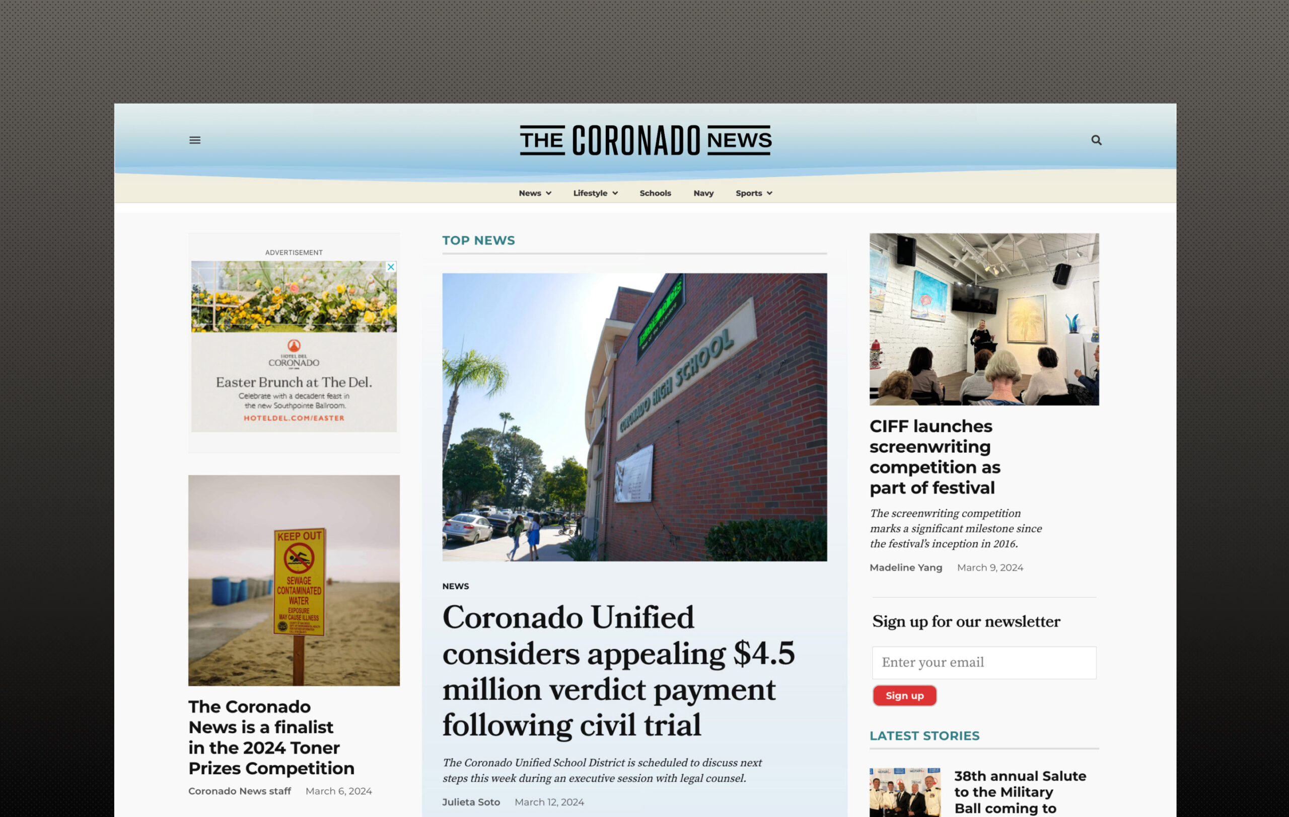 A screenshot of the homepage for The Coronado News website