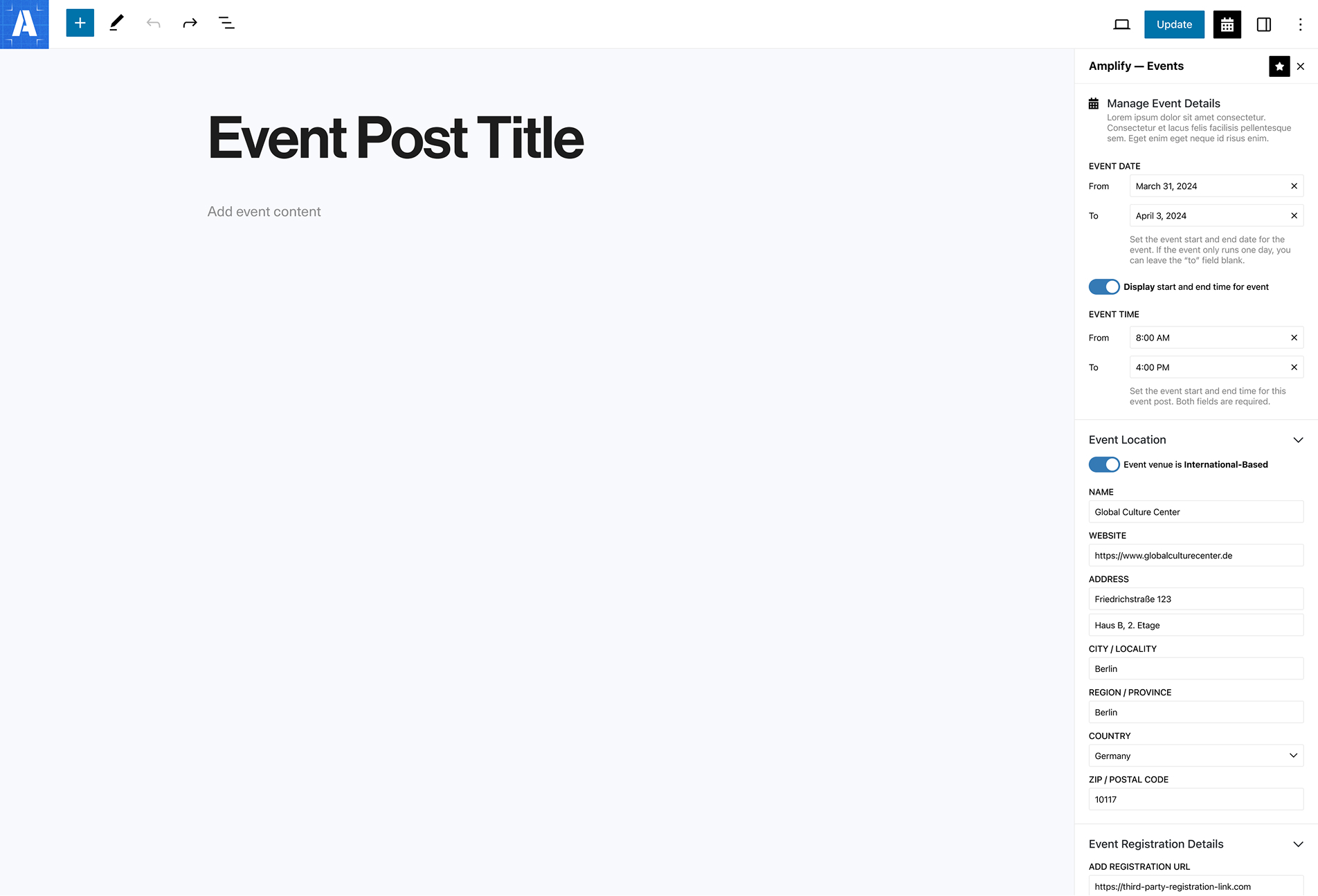 WordPress interface for event post type interface and settings.