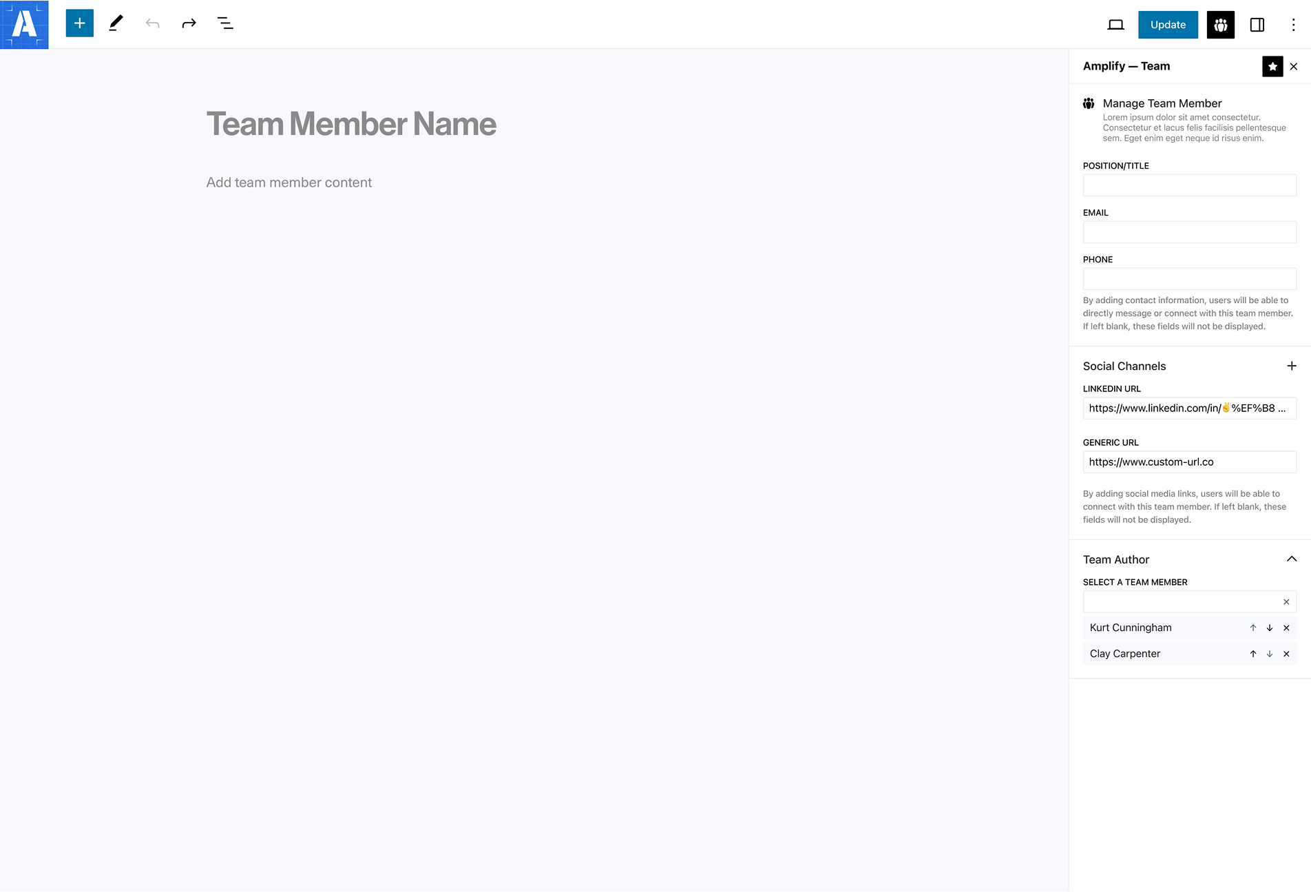 WordPress Gutenberg interface showing team member post authoring user interface feature.