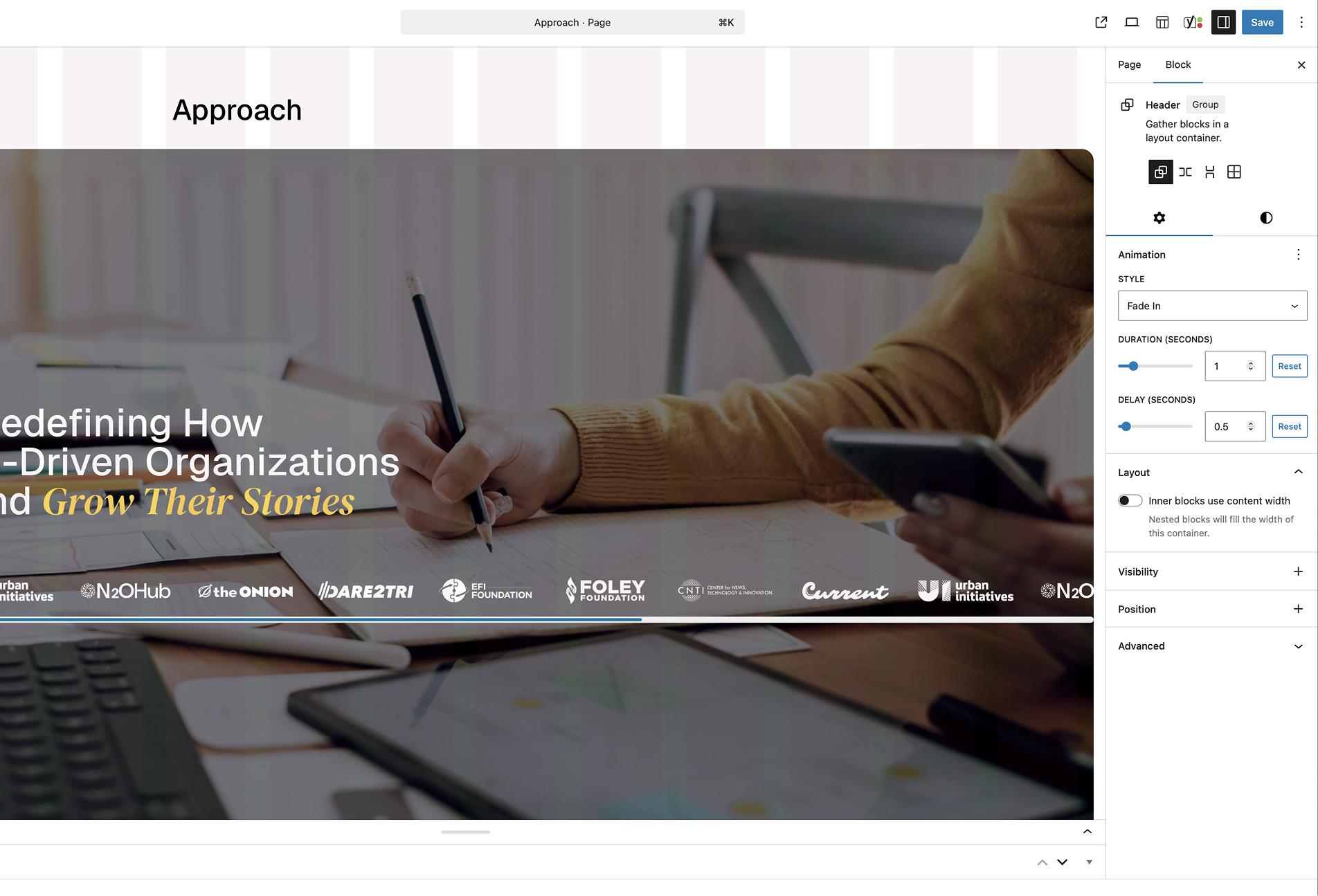 WordPress admin interface showing various blocks and the new high order component for Amplify's animation feature.