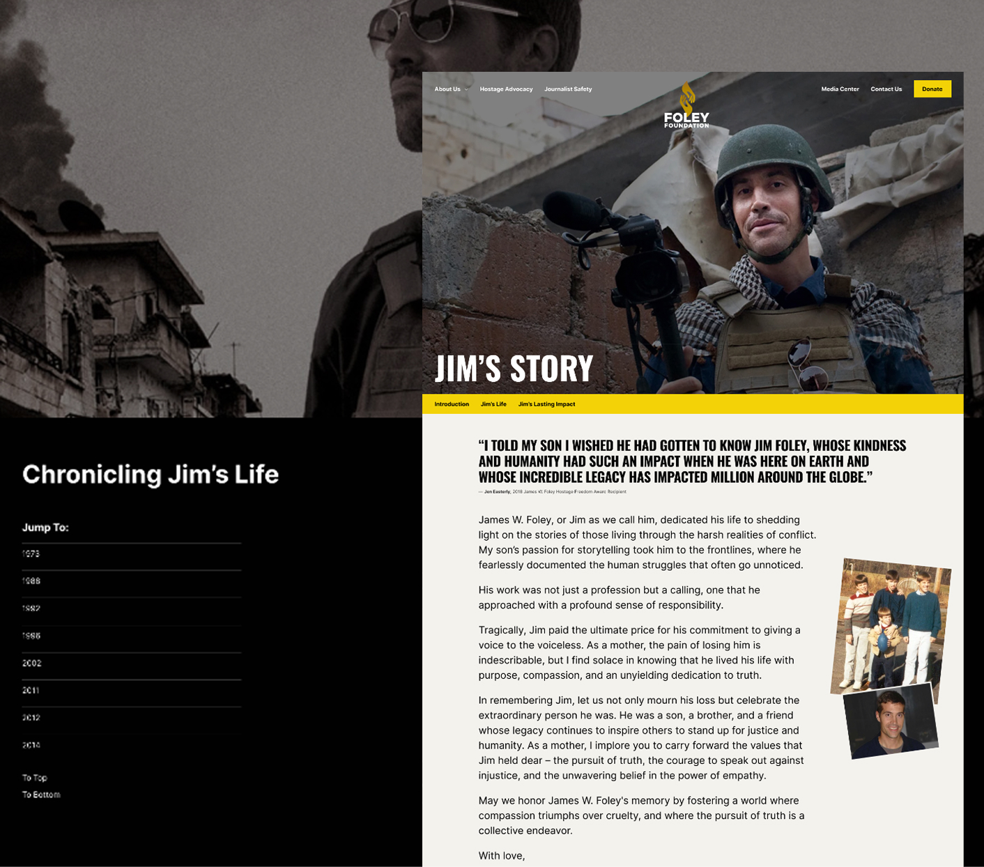 Screenshot from new Foley Foundation website featuring the about Jim page.