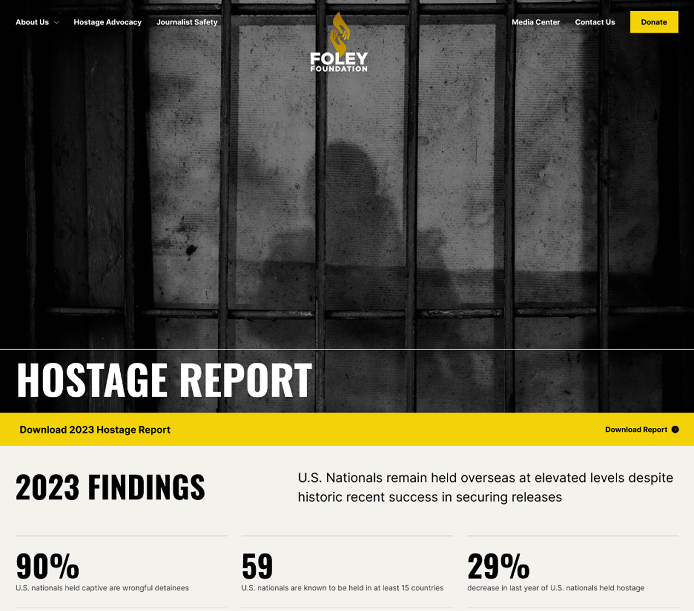 Screenshot from new Foley Foundation website featuring the hostage report hero section.