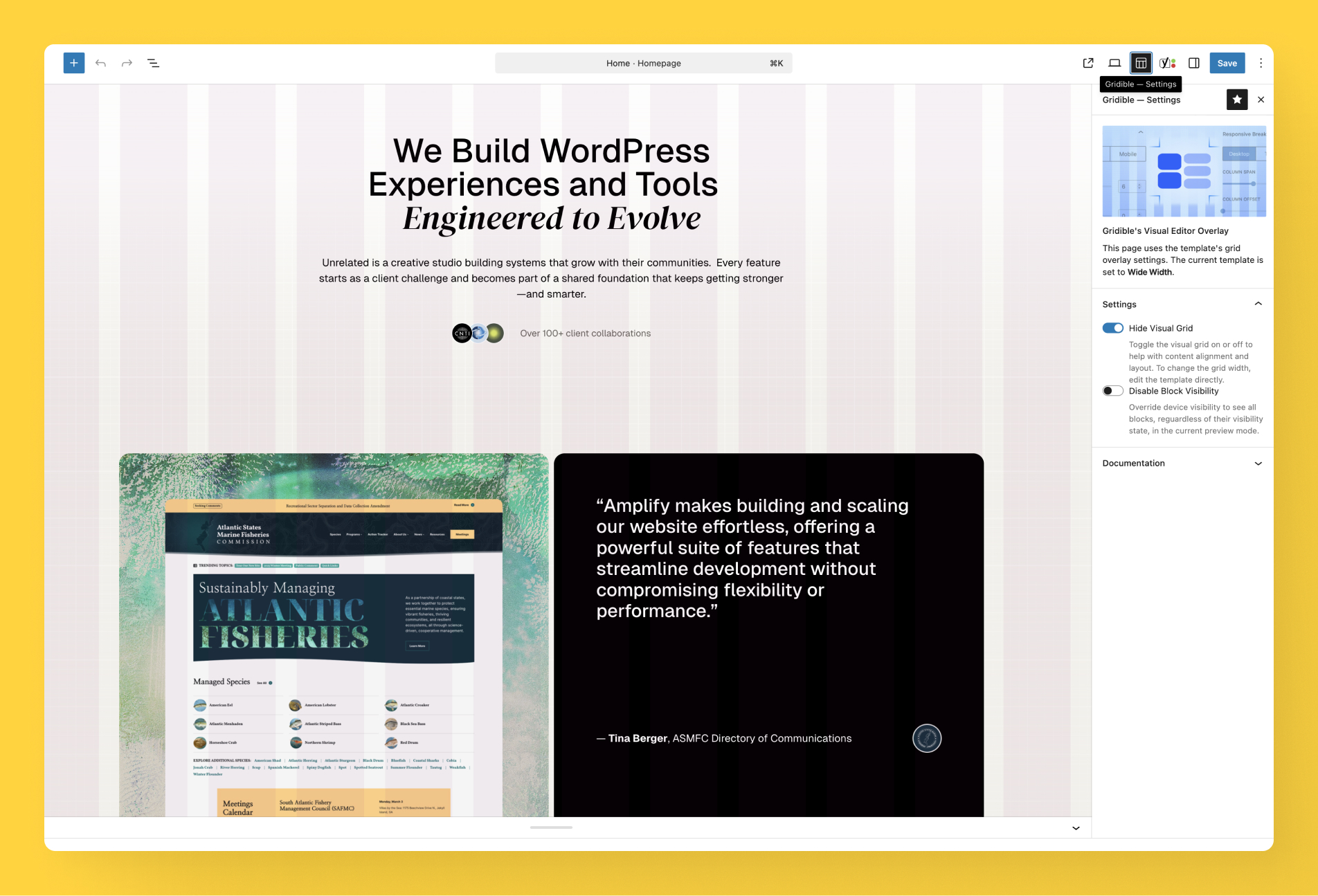 Interface of WordPress Gutenberg editor demoing the new Gridible grid overlay feature.
