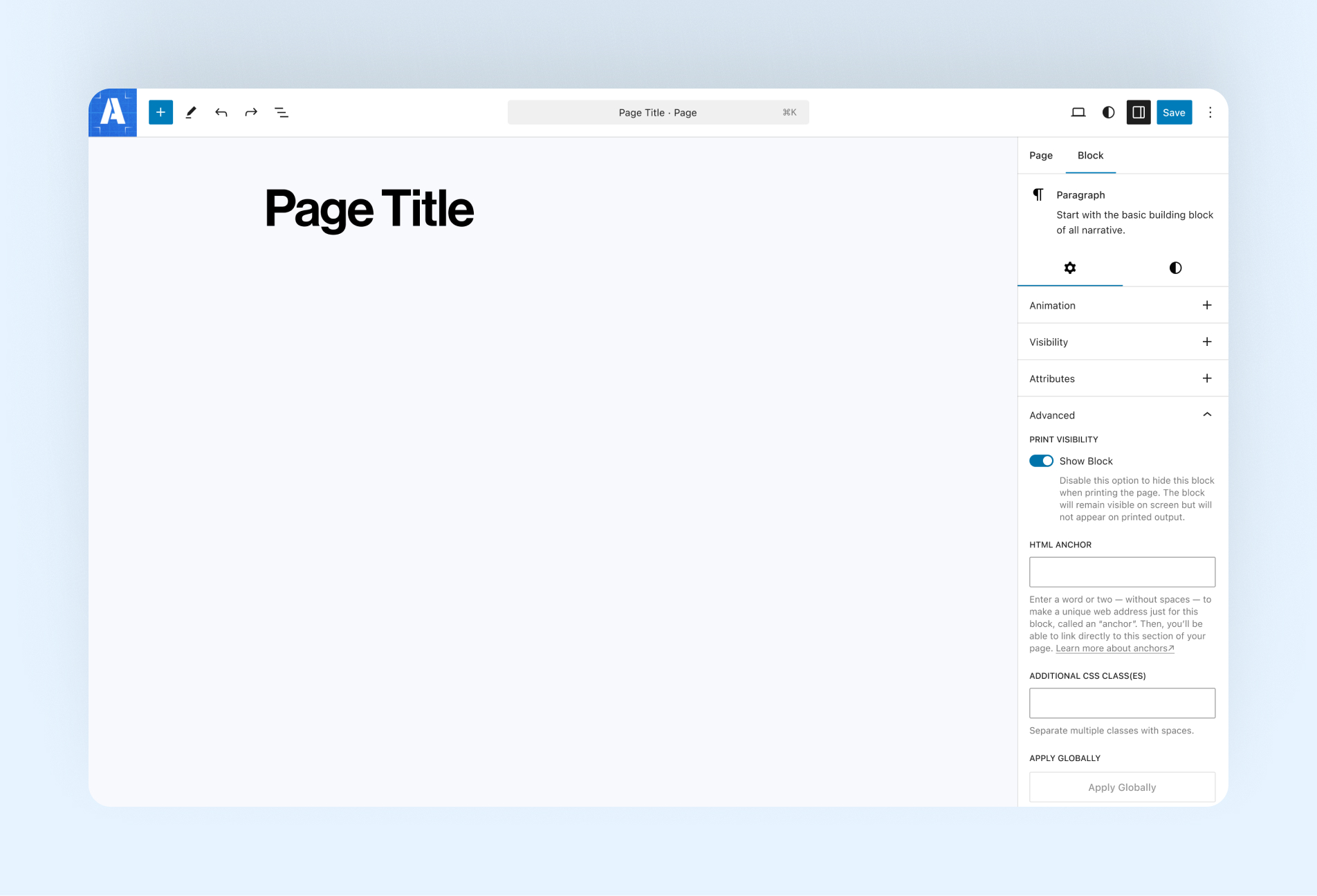 WordPress Gutenberg Editor interface showing the open advanced tab and Amplify added print visibility toggle.