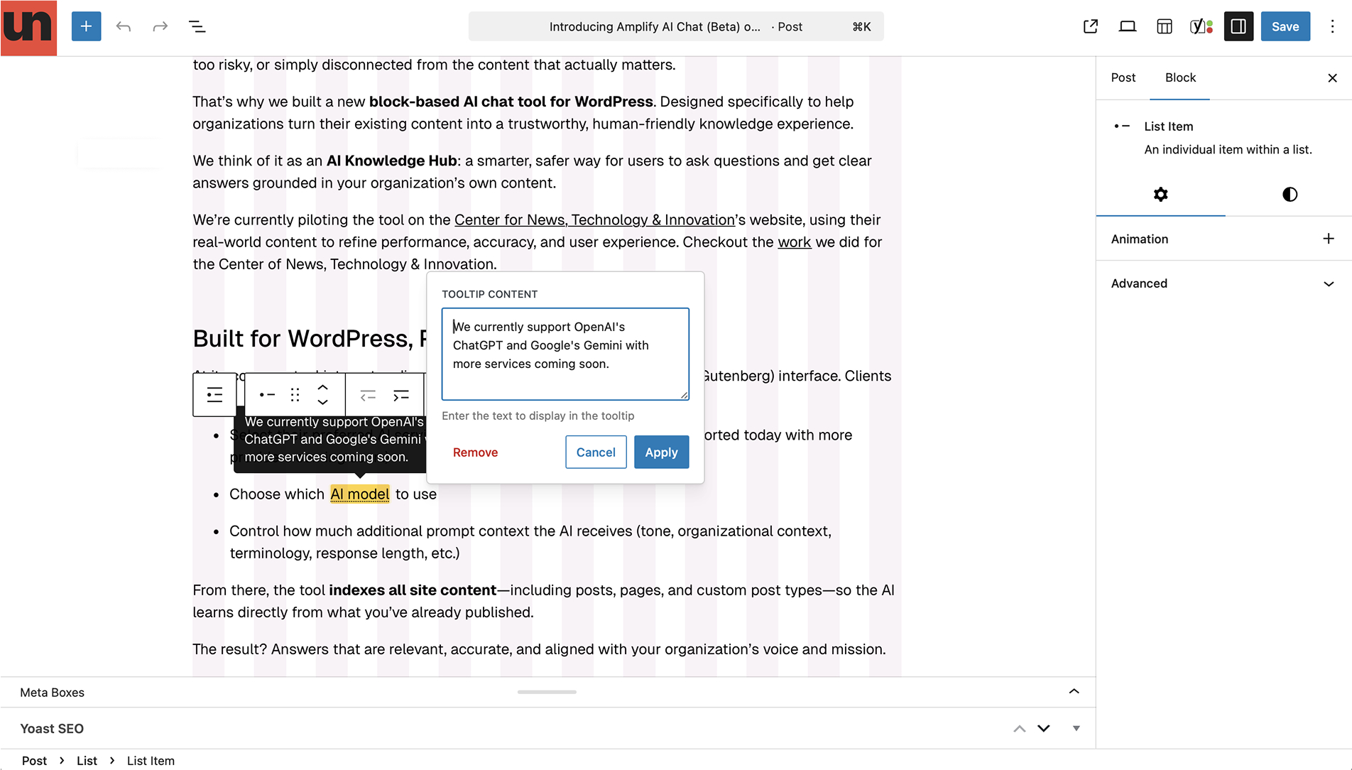 WordPress interface demonstrating tooltip format feature.