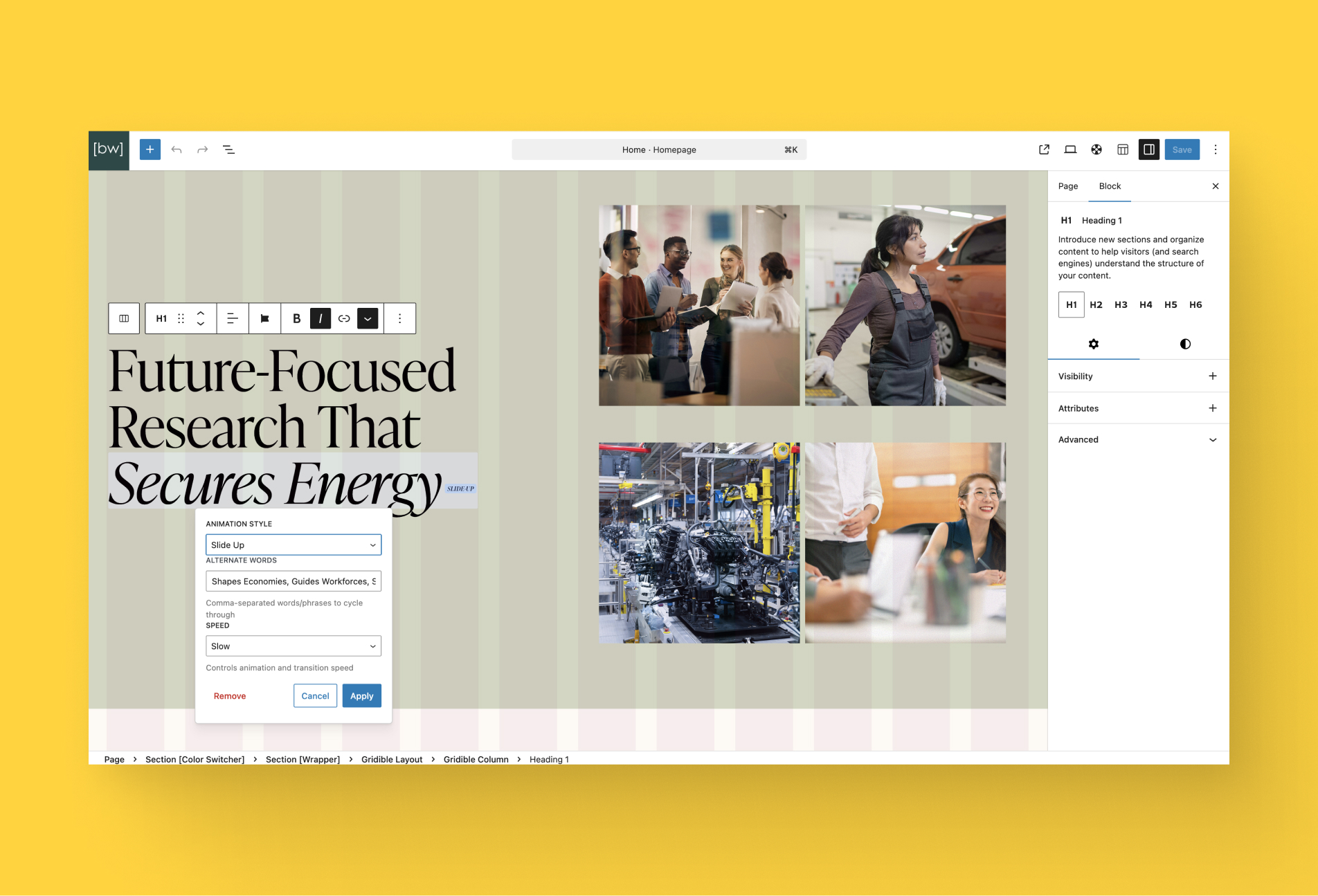 Sample interface example of adding animated text formatting option in Gutenberg editor.