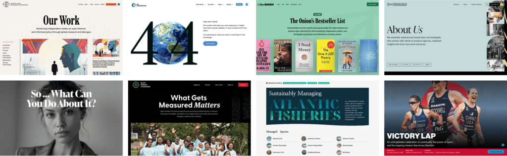 Various website interfaces in a grid layout.