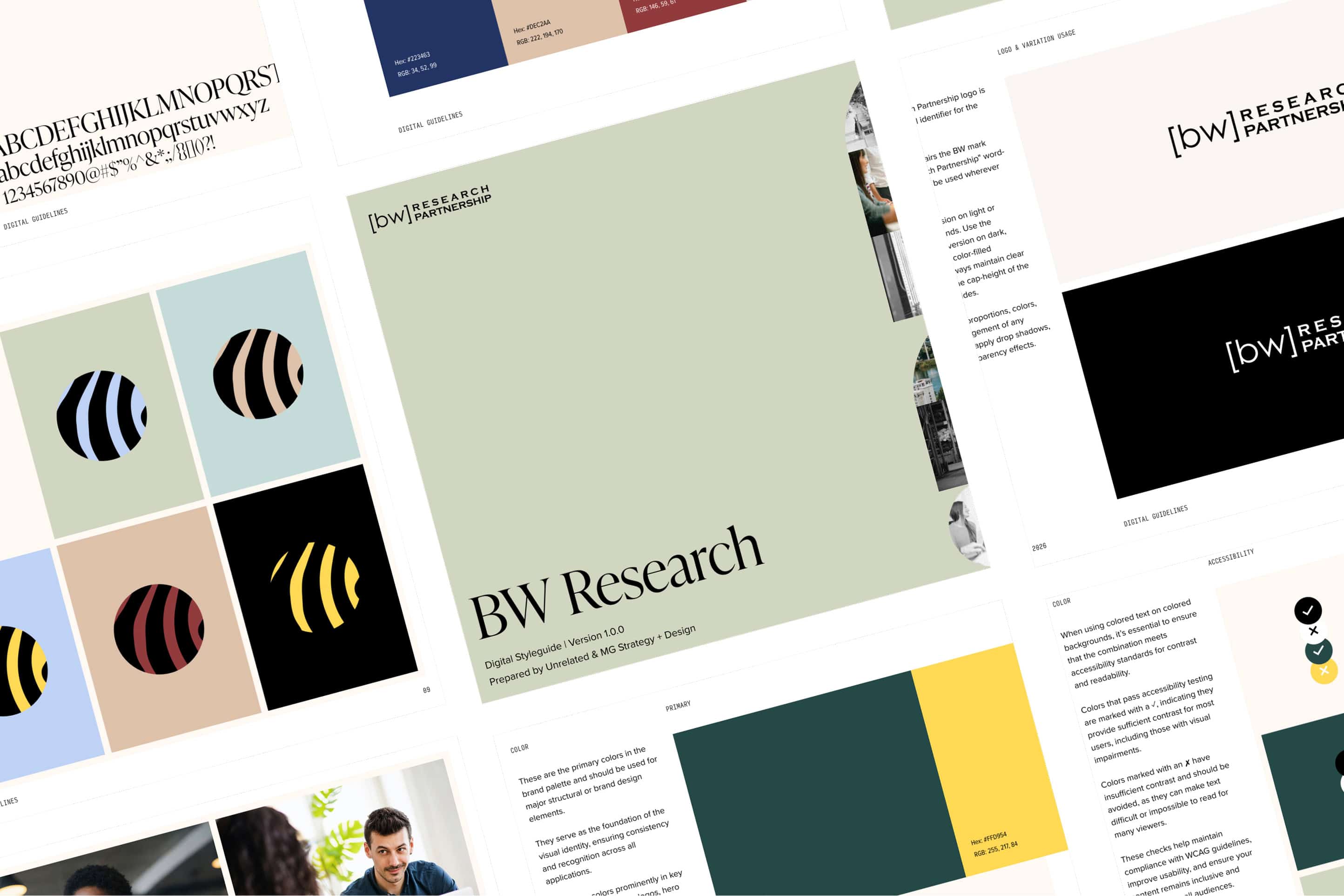 Various pages from the BW Research digital style book.