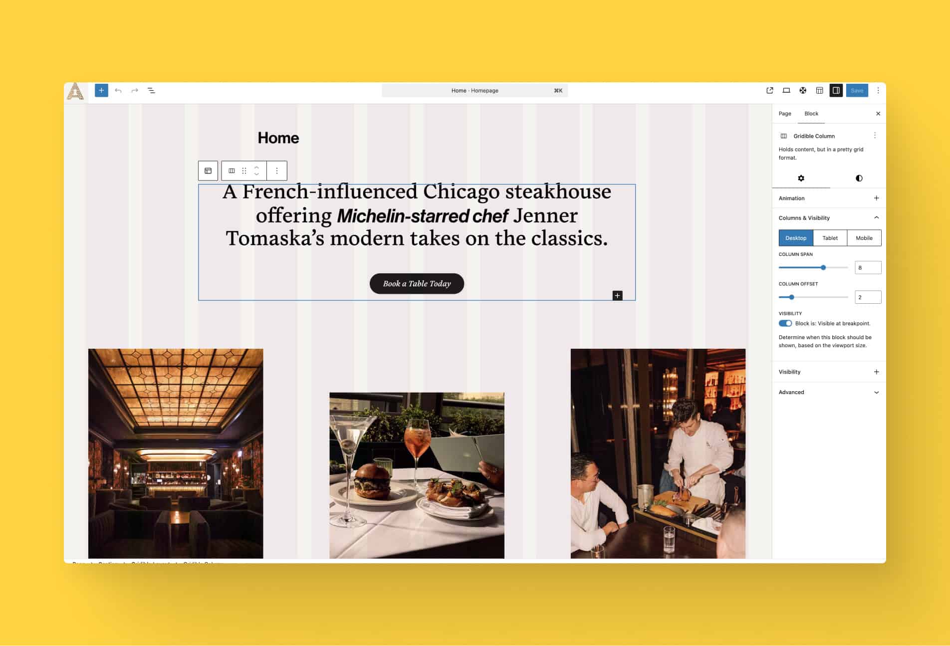 WordPress page editing interface screenshot featuring text and images on the page.